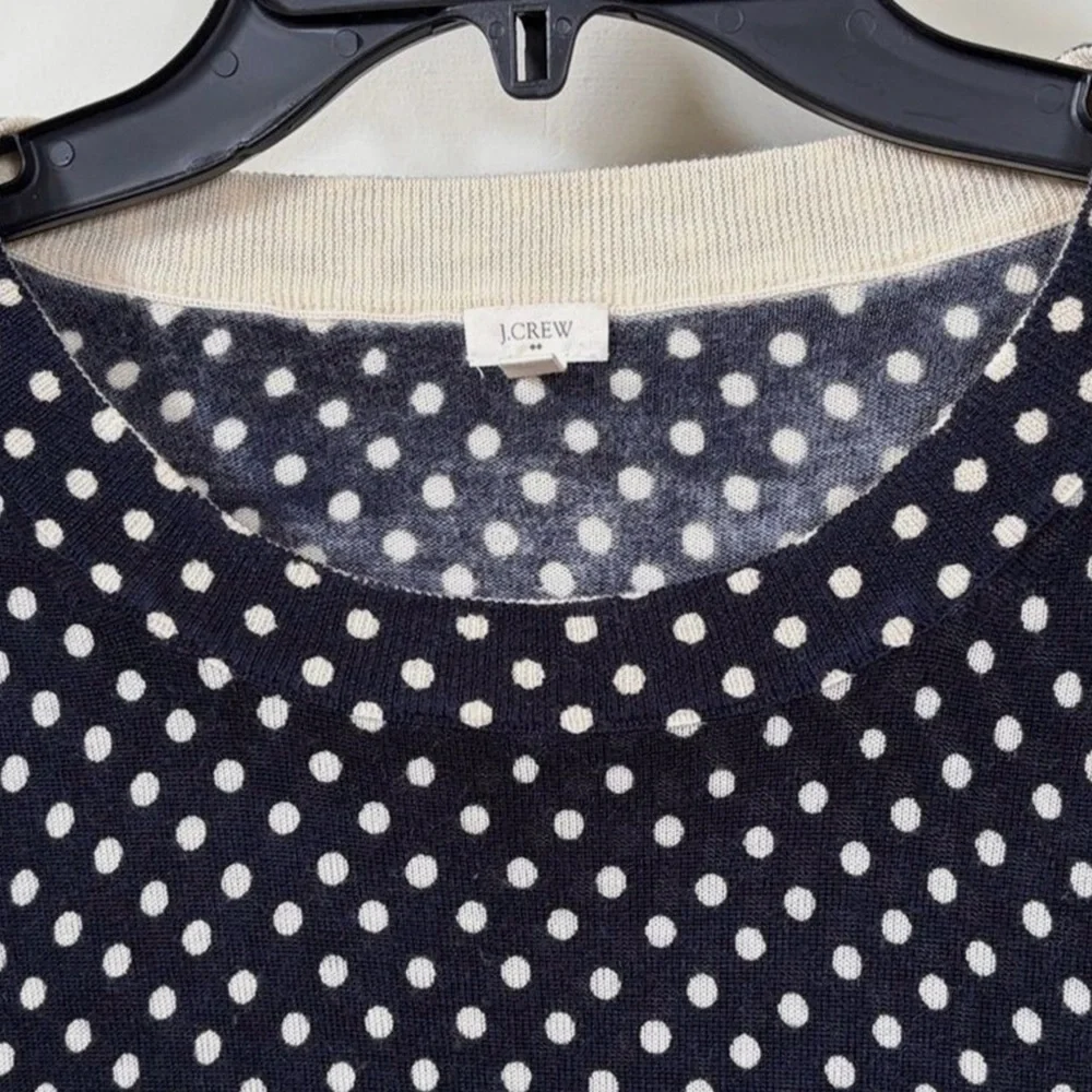 J.Crew Merino Wool Polka Dot Sweater Medium Navy Ivory 3/4 Sleeve Knit